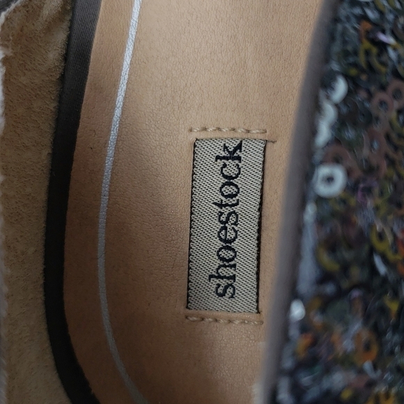 SHOESTOCK women US 10 EU 41 silver pewter heels peep toe sequin open Dorsay side - Picture 9 of 11